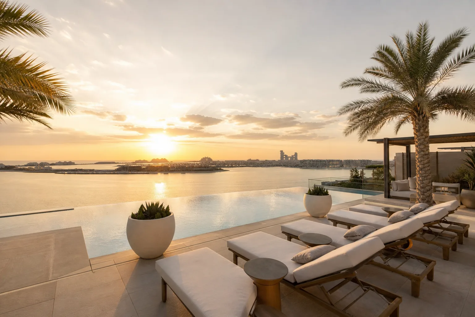 Rooftop terrace of a luxury residence on Palm Jumeirah with an infinity pool facing the sea