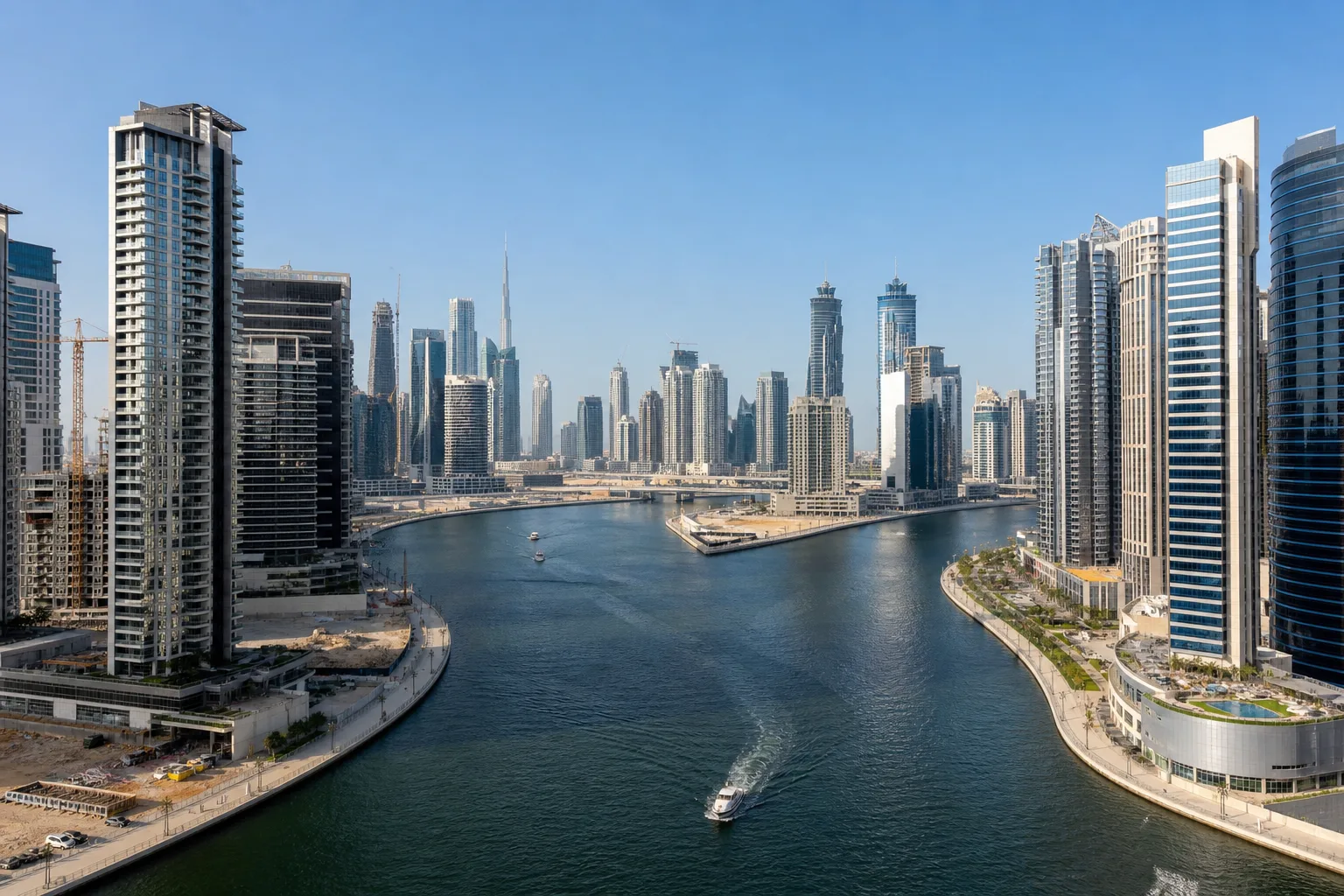 Elevated view of a modern residential district lining the Business Bay water canal