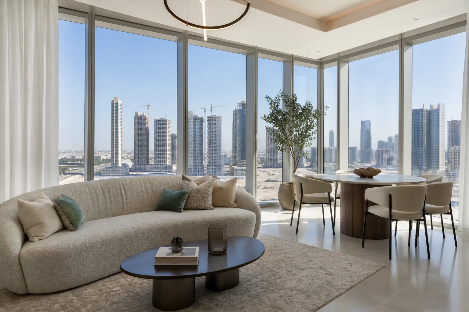Piso piloto luminoso en Dubái con ventanal que da a un barrio en desarrollo, mobiliario contemporáneo minimalista