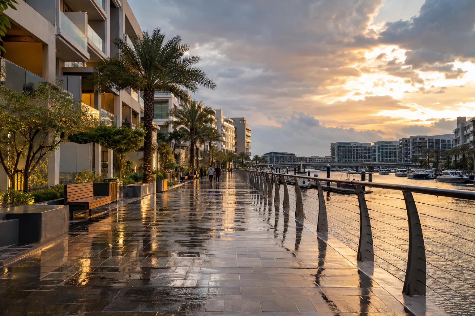 Rain-soaked residential promenade along the Al Raha Beach canal, buildings with balconies