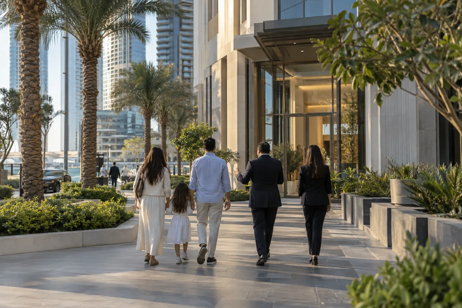 International buyers seen from behind accompanied by an advisor toward the entrance of a residential tower on Al Reem Island