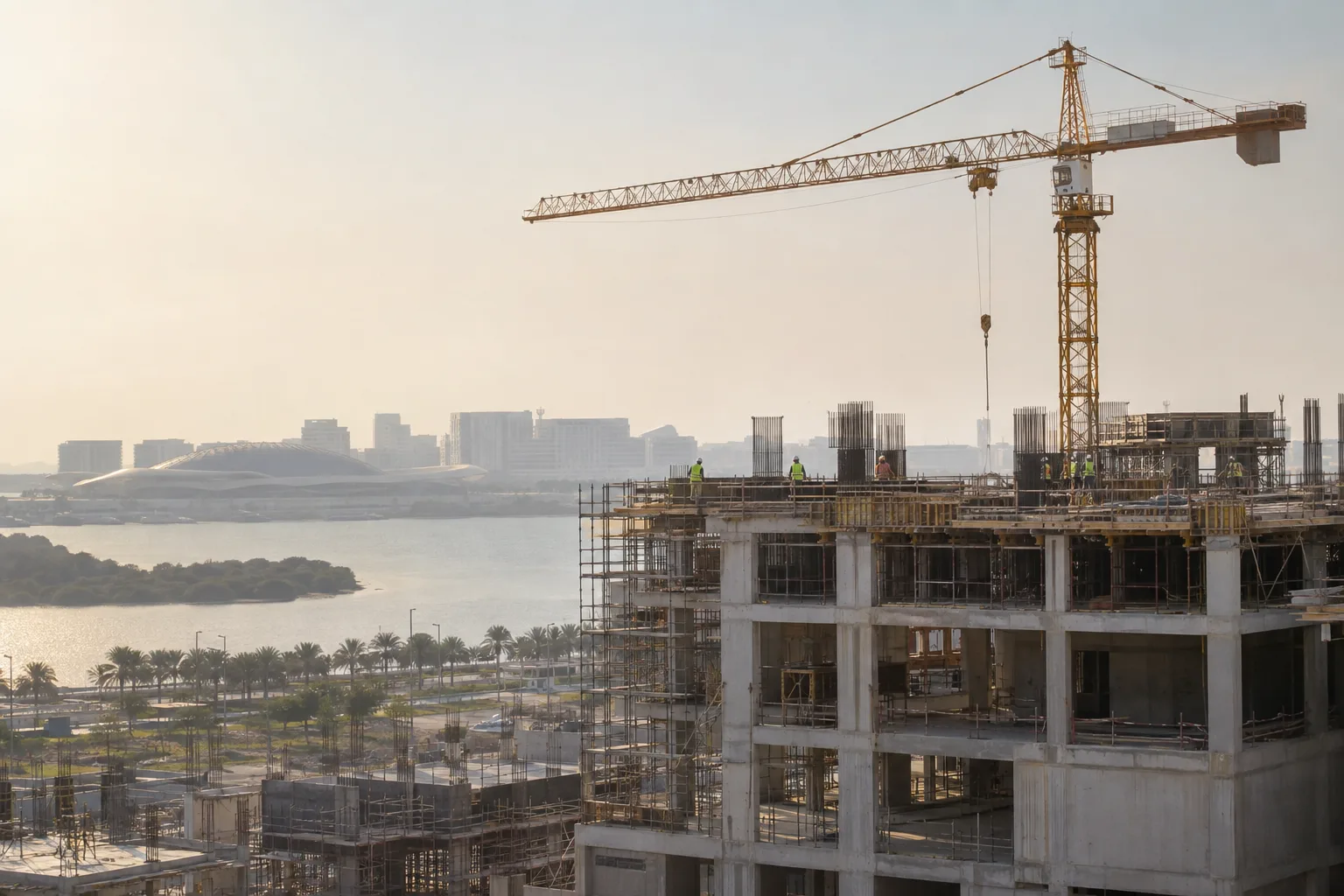 Residential building under construction on Yas Island with crane and scaffolding, workers in the haze