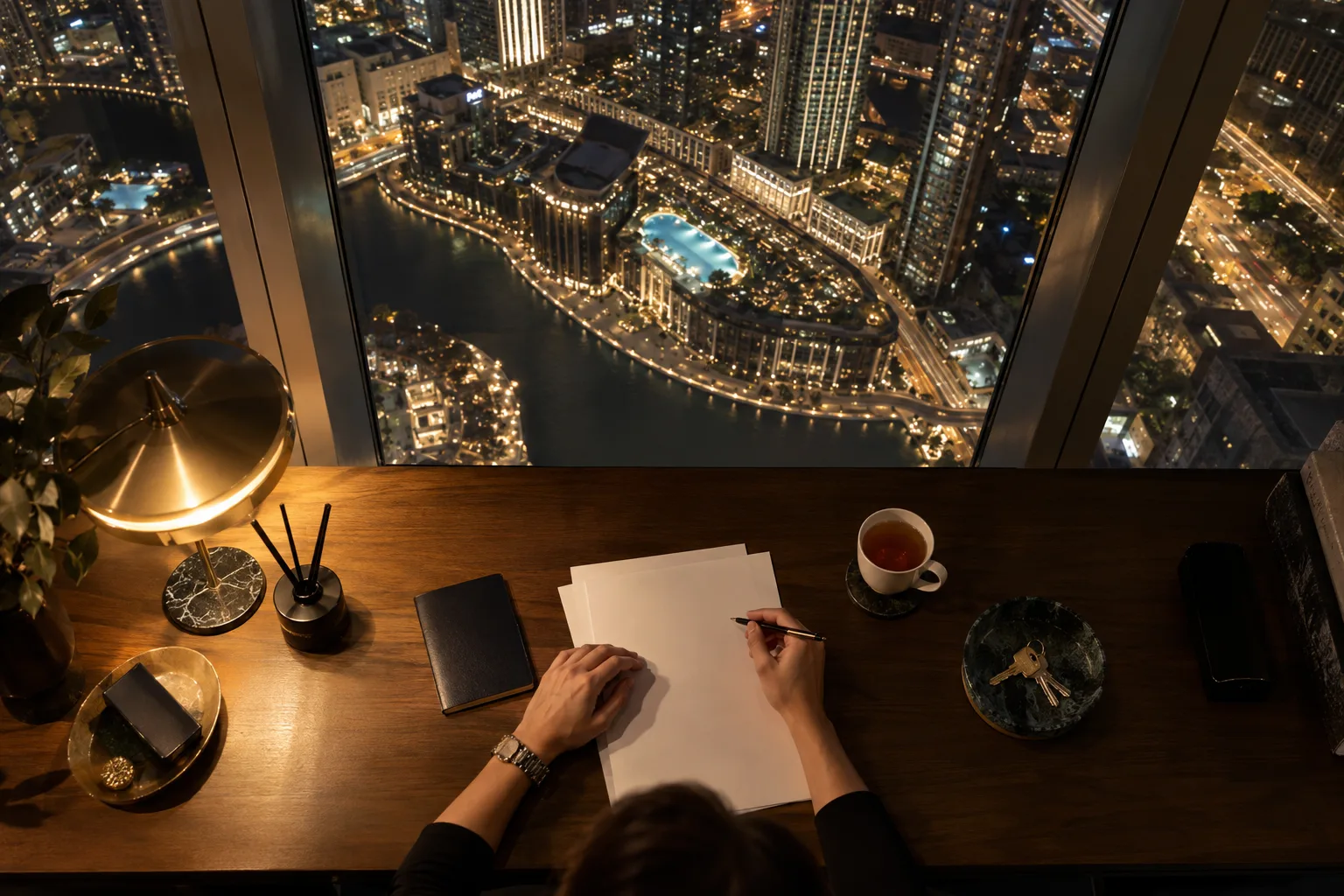 Overhead view of hands with a pen, a closed passport and apartment keys on a desk in the evening