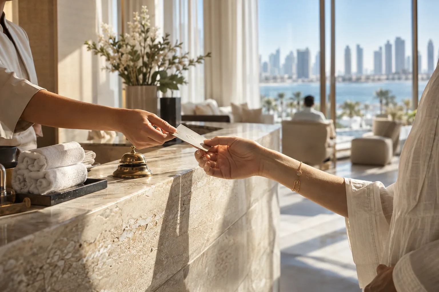A resident's hands receiving an access card at the travertine concierge desk of a residence in Dubai