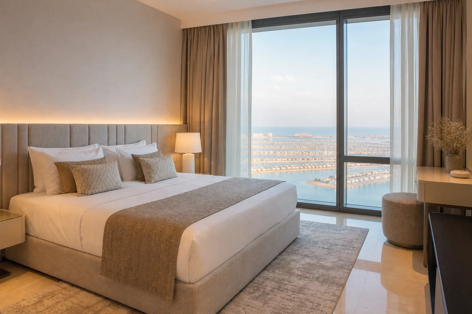 Dormitorio de un apartamento en alquiler de corta duración cuidadosamente decorado con vistas a Palm Jumeirah al fondo