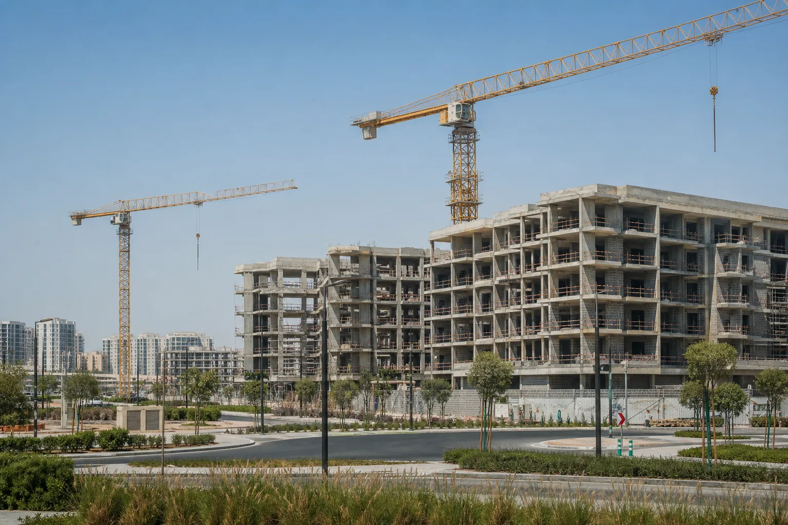 Grúas de construcción y edificios residenciales en fase de terminación bajo un cielo despejado en un nuevo sector de Dubai Hills Estate