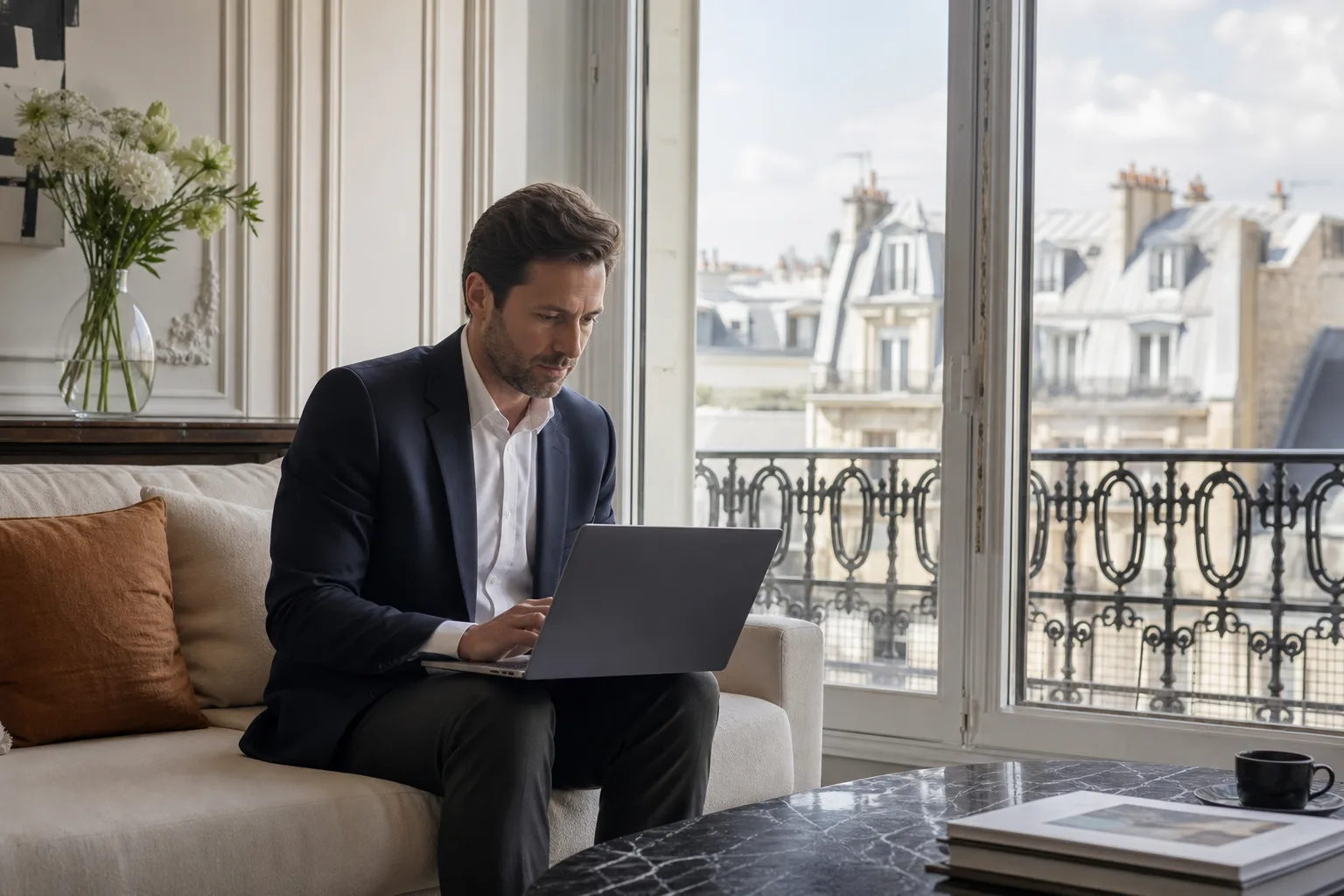 Investor working on a laptop in a Parisian living room overlooking the rooftops of Paris