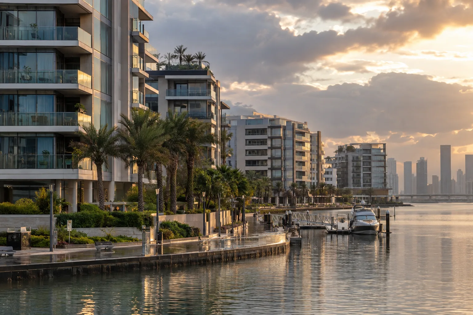 Canal side at Al Raha Beach, residential buildings with balconies and a palm-lined promenade, paving wet after rain