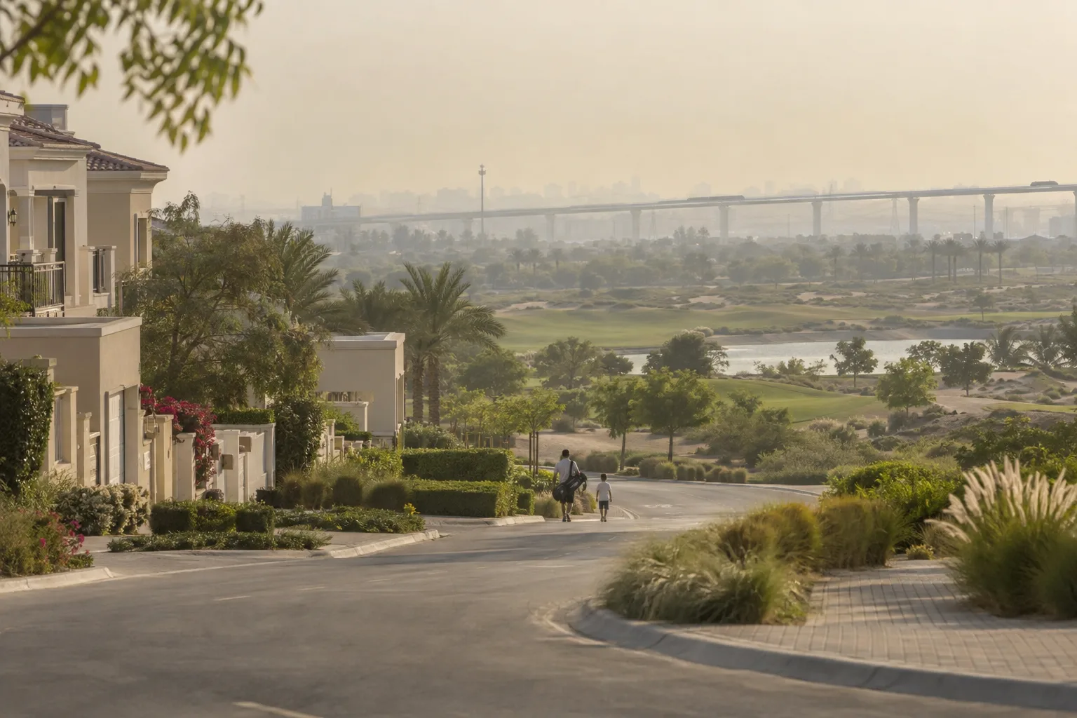 Street of family villas along a golf course in southern Dubai, with a distant railway structure in the haze