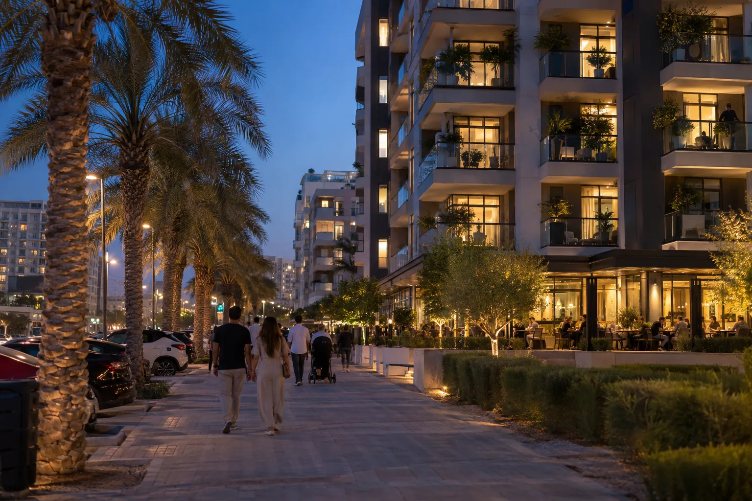 Occupied residential building in Jumeirah Village Circle at dusk, lit windows and passersby seen from behind on the sidewalk