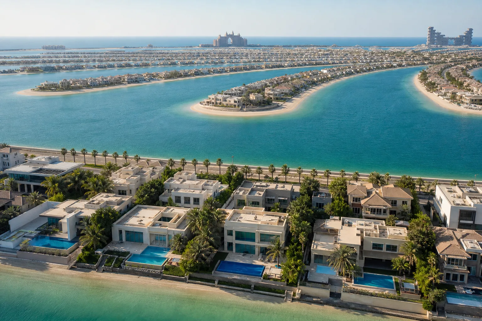 Row of luxury villas with palm trees on the Palm Jumeirah peninsula seen from the sky