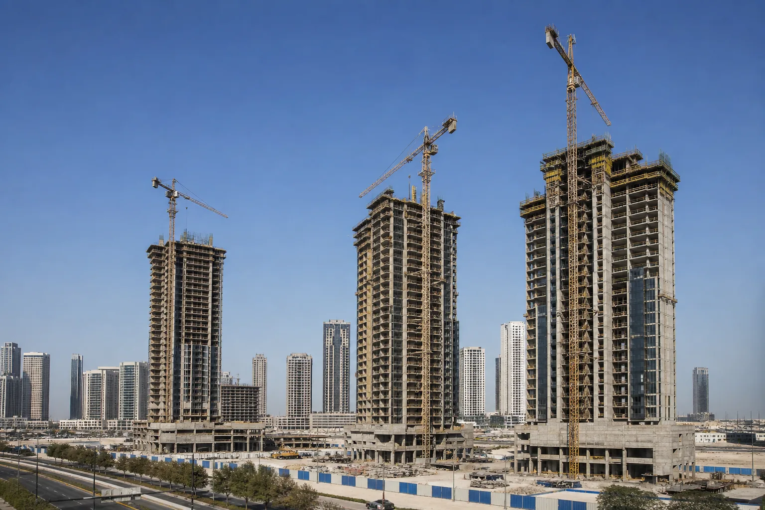 Chantier de tours résidentielles en construction dans un quartier émergent de Dubaï sous un ciel clair