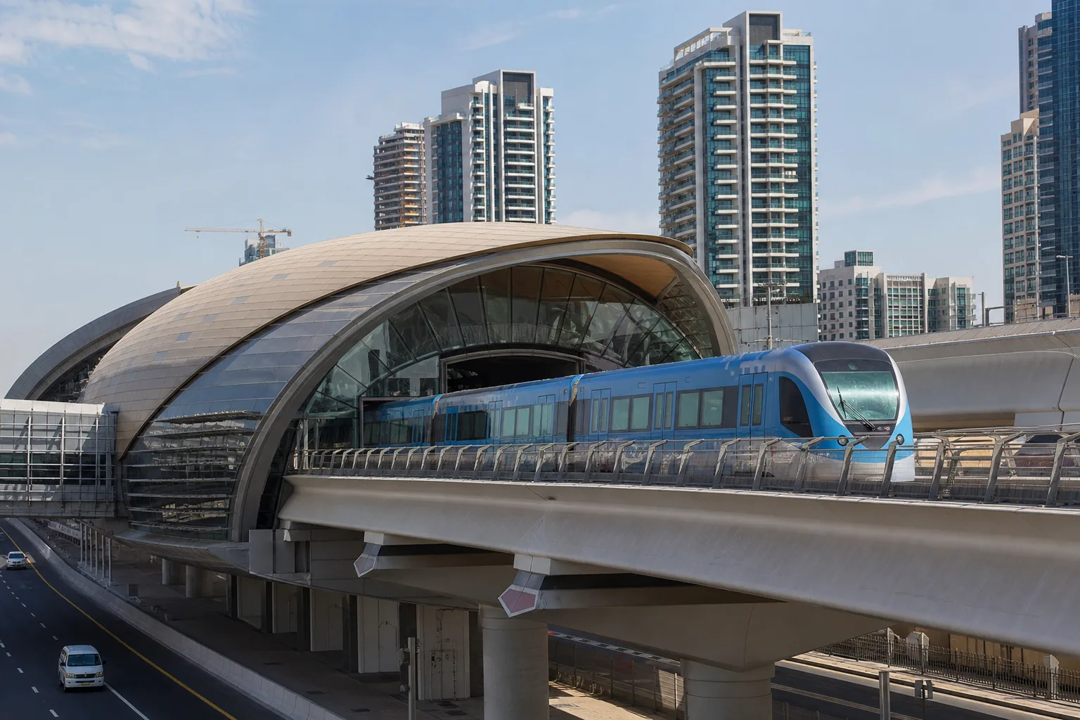 Nueva estación de metro moderna en Dubái que conecta un barrio en desarrollo, trenes y viajeros bajo una arquitectura aérea