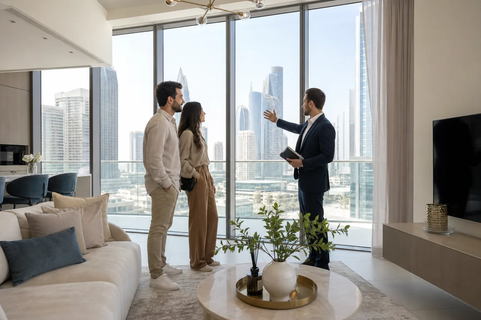 Agent immobilier faisant visiter un appartement lumineux et meublé avec baie vitrée donnant sur la ville à un couple d'acquéreurs