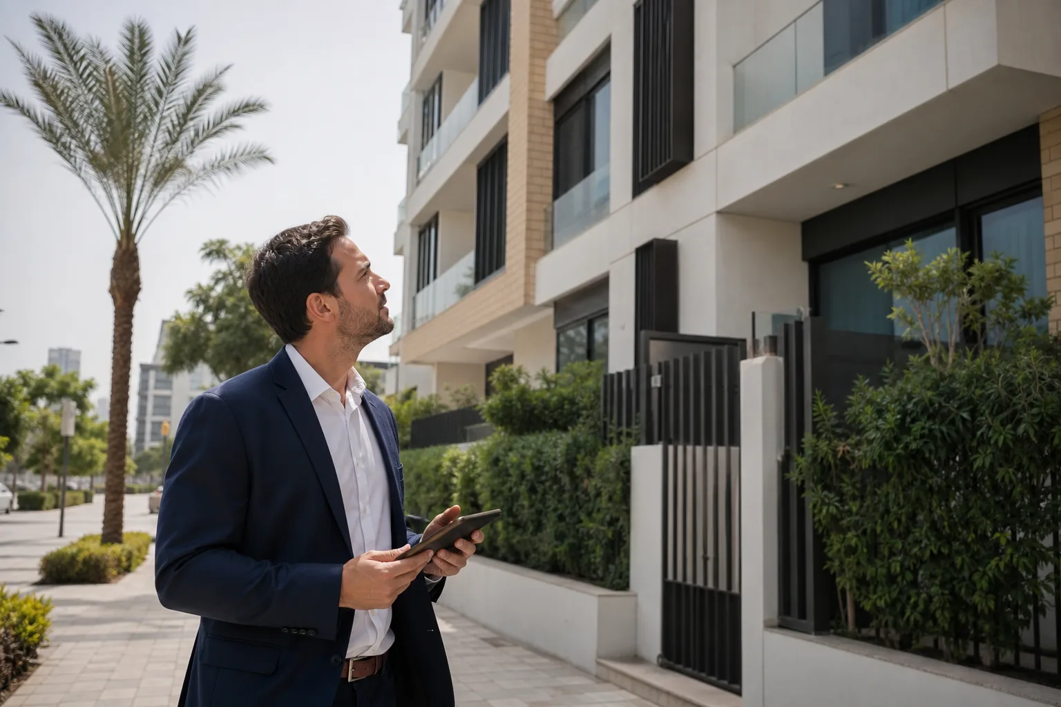 Inversor observando atentamente la fachada de un edificio residencial de Dubái, inspeccionando los acabados y el entorno del barrio