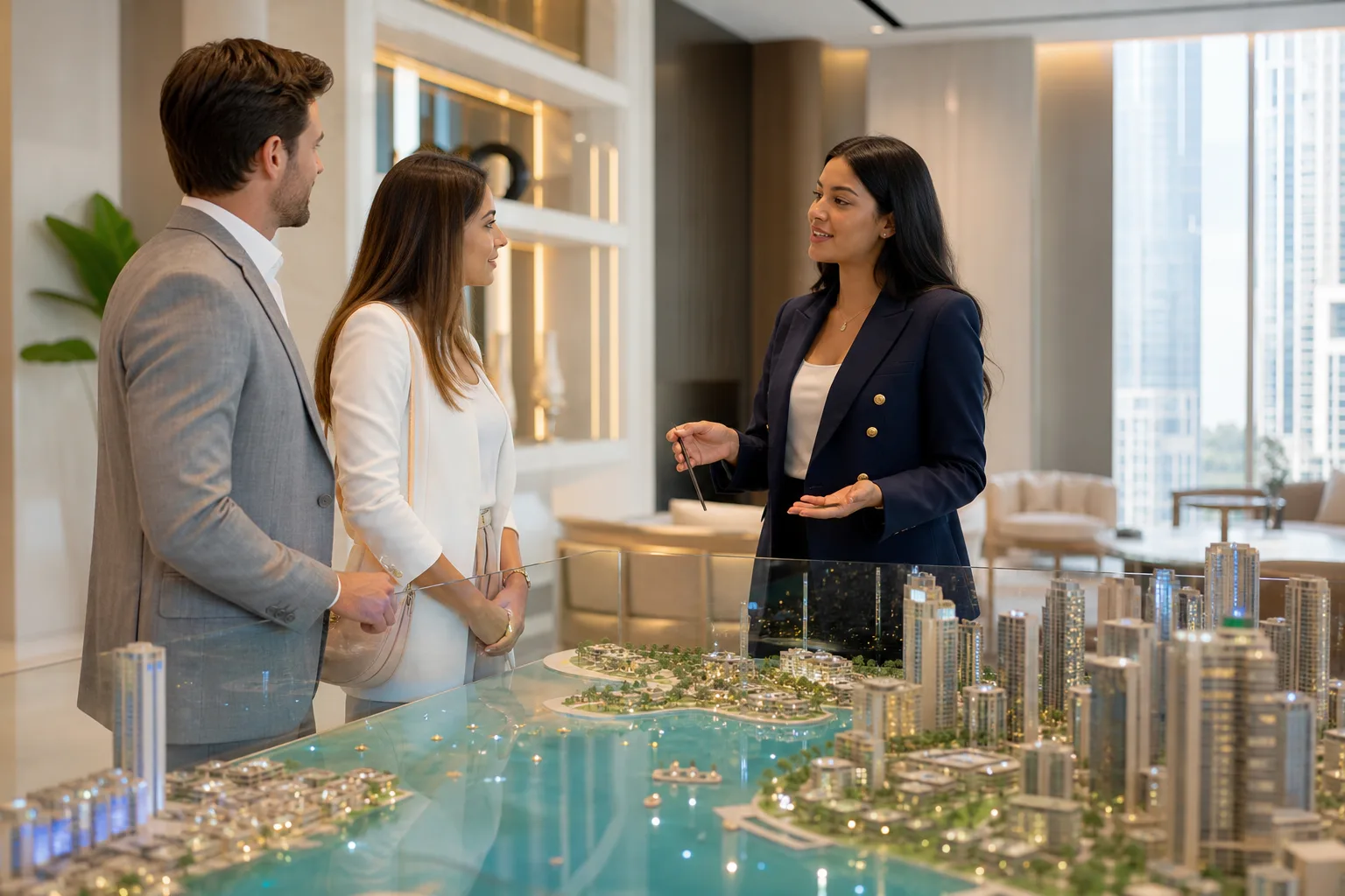 Real estate adviser welcoming clients in an elegant sales lounge with an urban project model