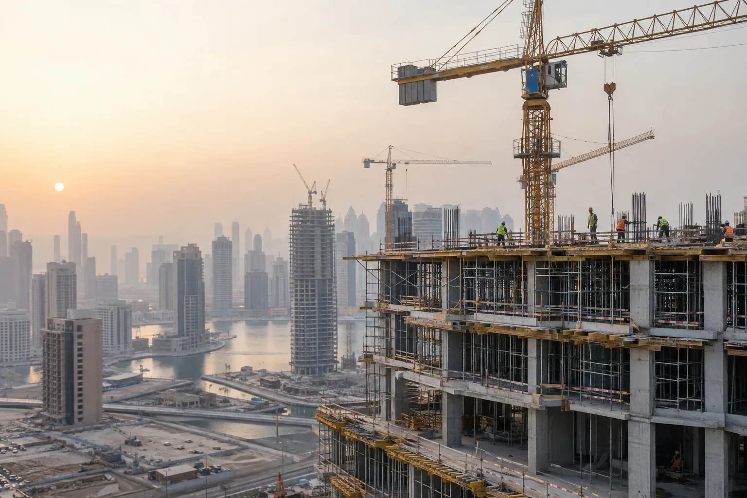 Residential tower under construction in Dubai, cranes and workers in vests on a slab in the morning haze