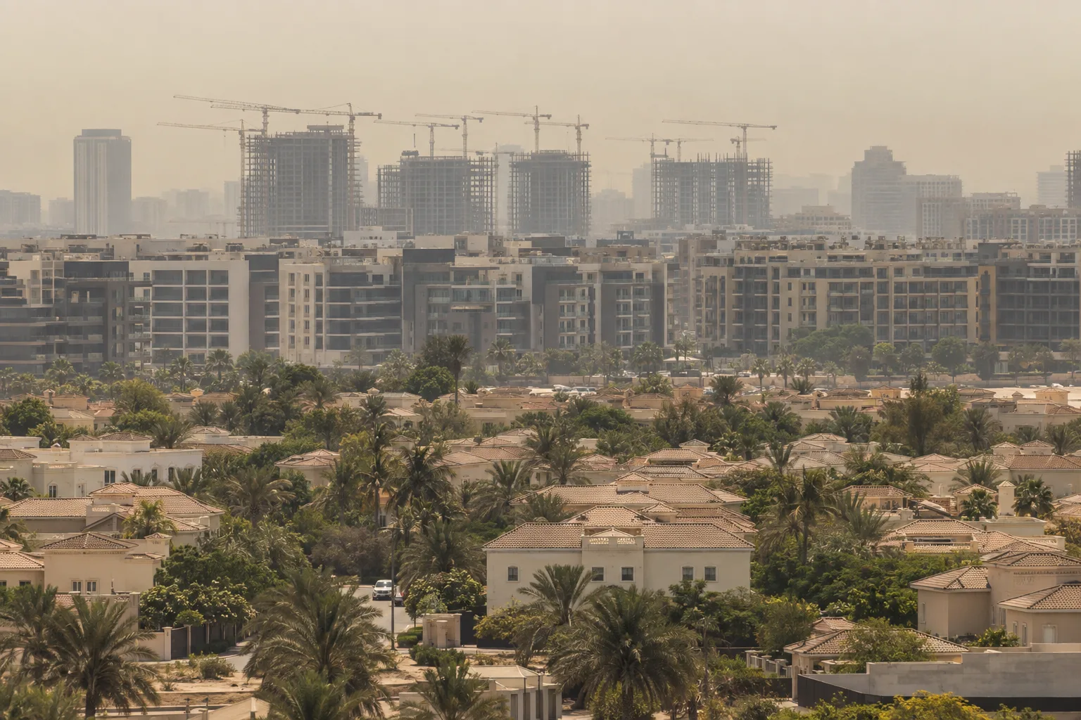 Telephoto view of a mature villa community in Dubai, with recent buildings and cranes in a dusty haze behind