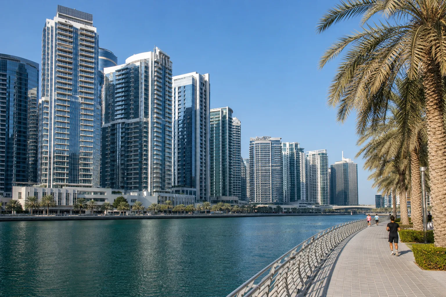 Hilera de torres residenciales recientes de Business Bay junto al canal con paseo y palmeras en primer plano