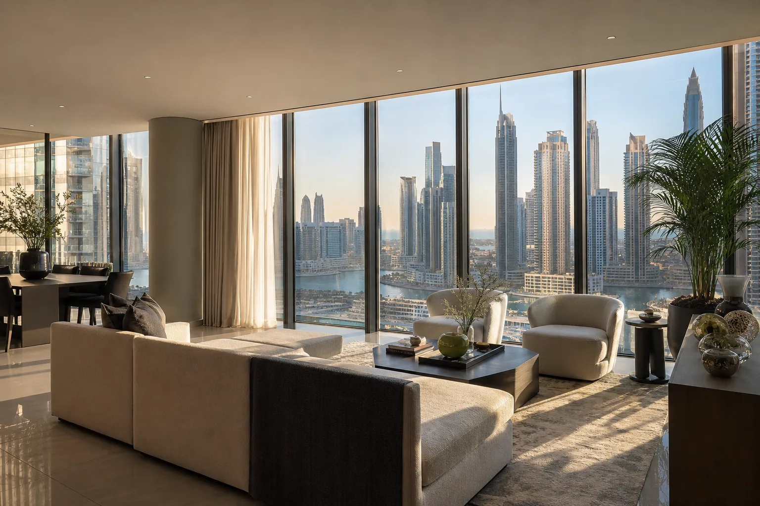 Spacious living room of a luxury Dubai apartment with floor-to-ceiling windows opening onto the skyline and designer furniture