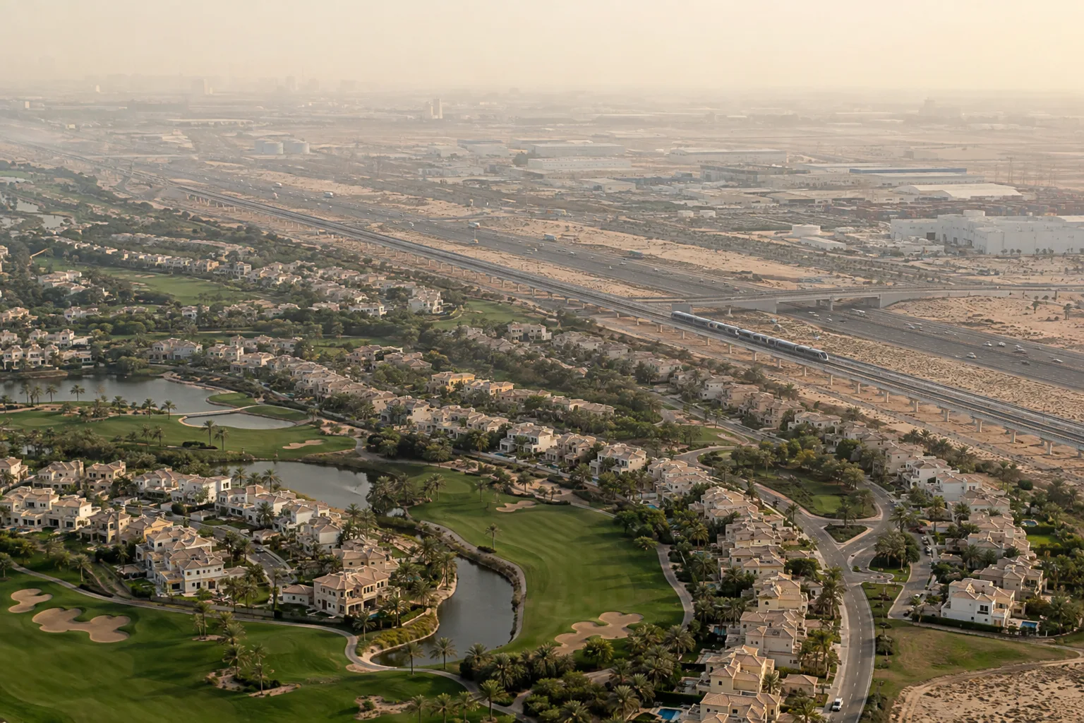 Oblique aerial view of villa communities and golf courses in south-west Dubai, railway and motorway in the distance