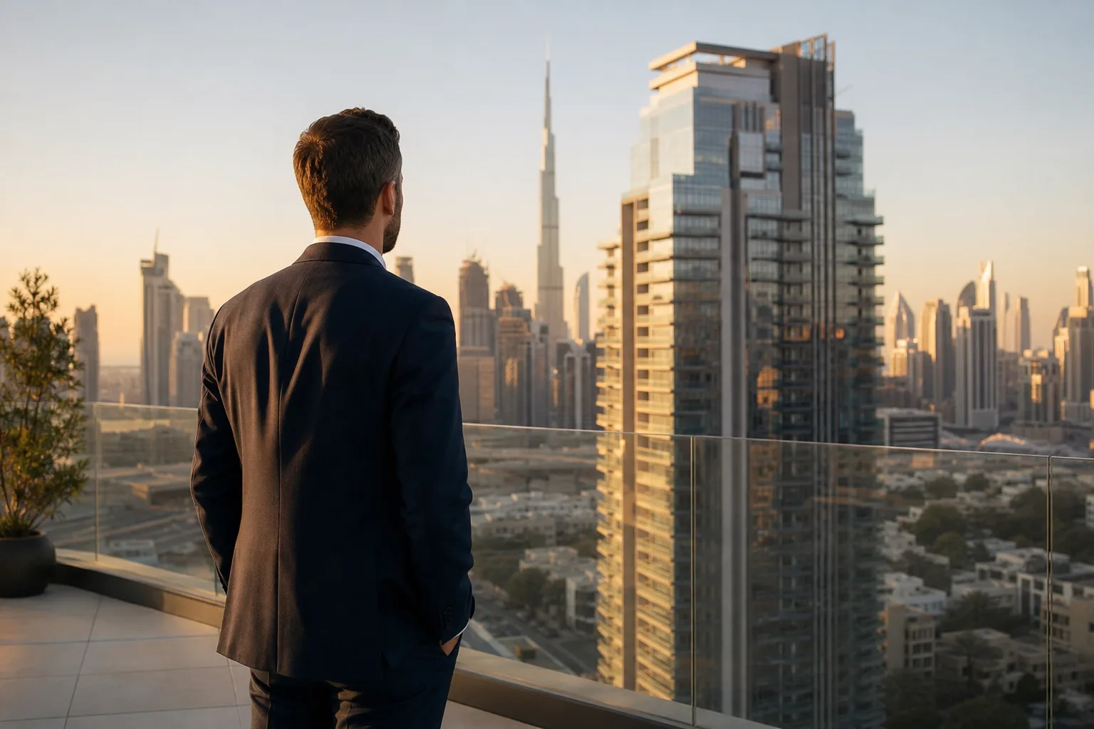 Investisseur en costume observant plusieurs tours résidentielles depuis la terrasse d'un penthouse en fin de journée