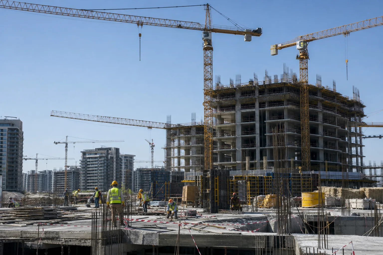 Chantier de construction actif avec grues et tours en cours d'élévation dans une zone en développement de Dubai