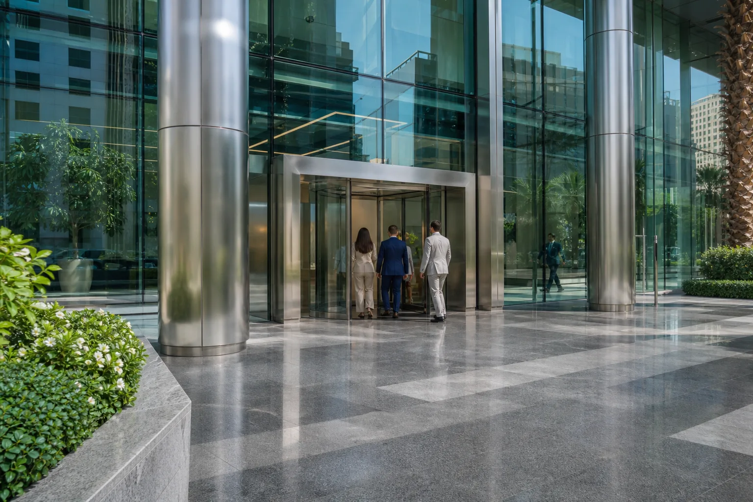 Façade en verre d'une agence bancaire à Dubaï avec visiteurs franchissant l'entrée moderne