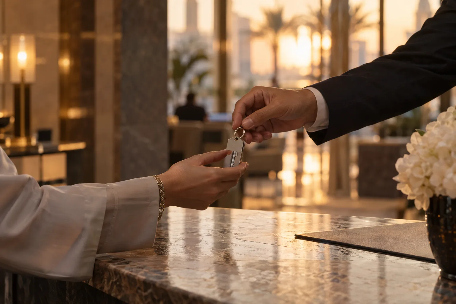 Close-up of an apartment key passed from one hand to another on a marble counter