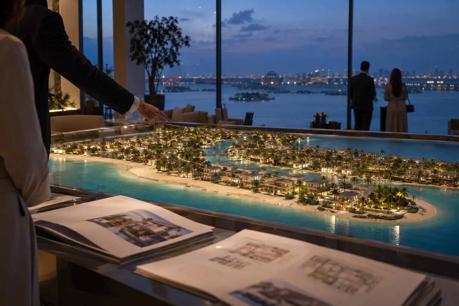 An adviser's hands pointing at a scale model of an island villa community, illegible plans beside it, blue dusk light