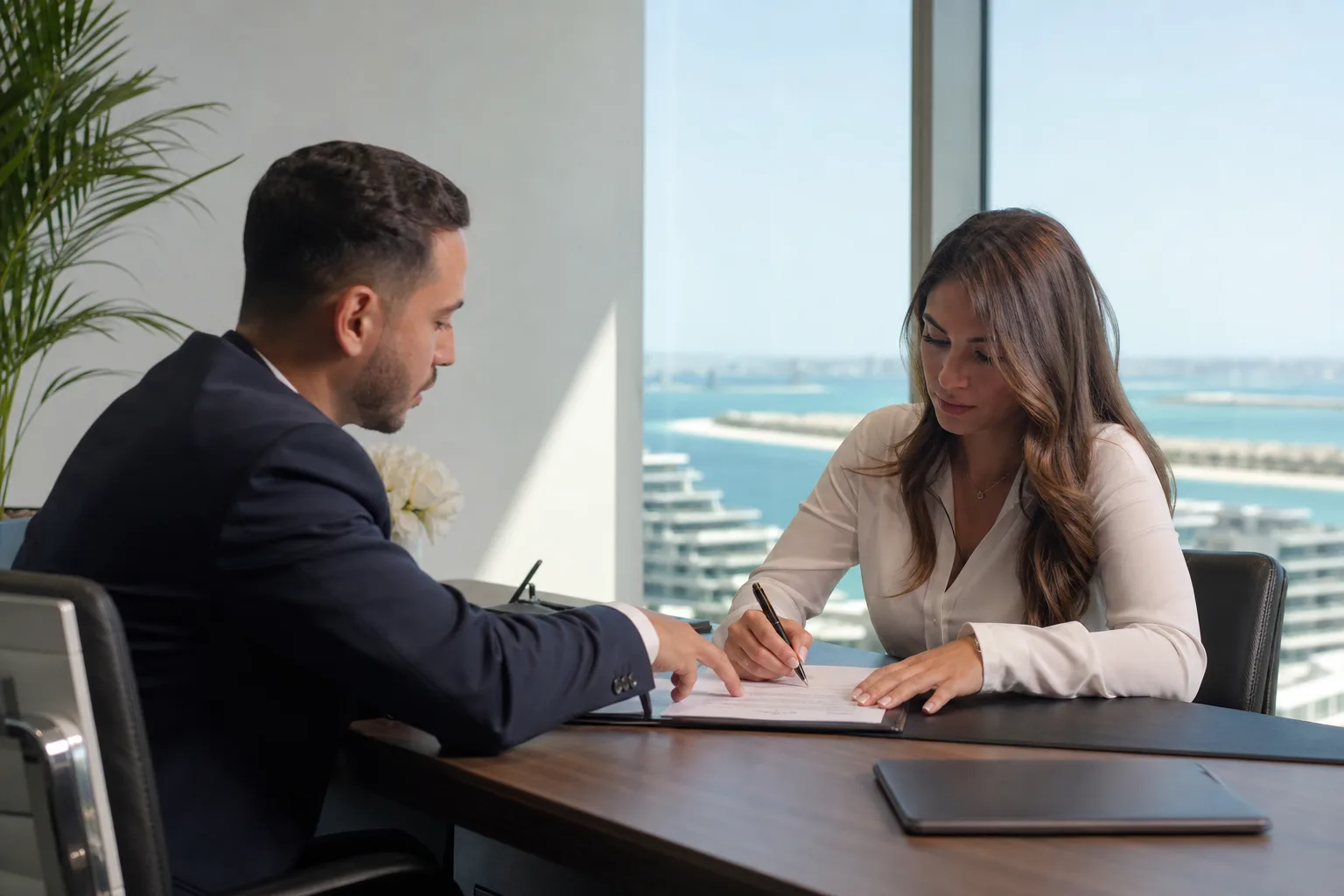 Signing documents during an appointment at a real estate agency overlooking the Dubai waterfront
