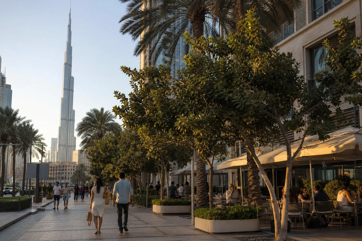 Promenade arborée le long des immeubles de Downtown Dubaï avec passants et terrasses de cafés en fin d'après-midi