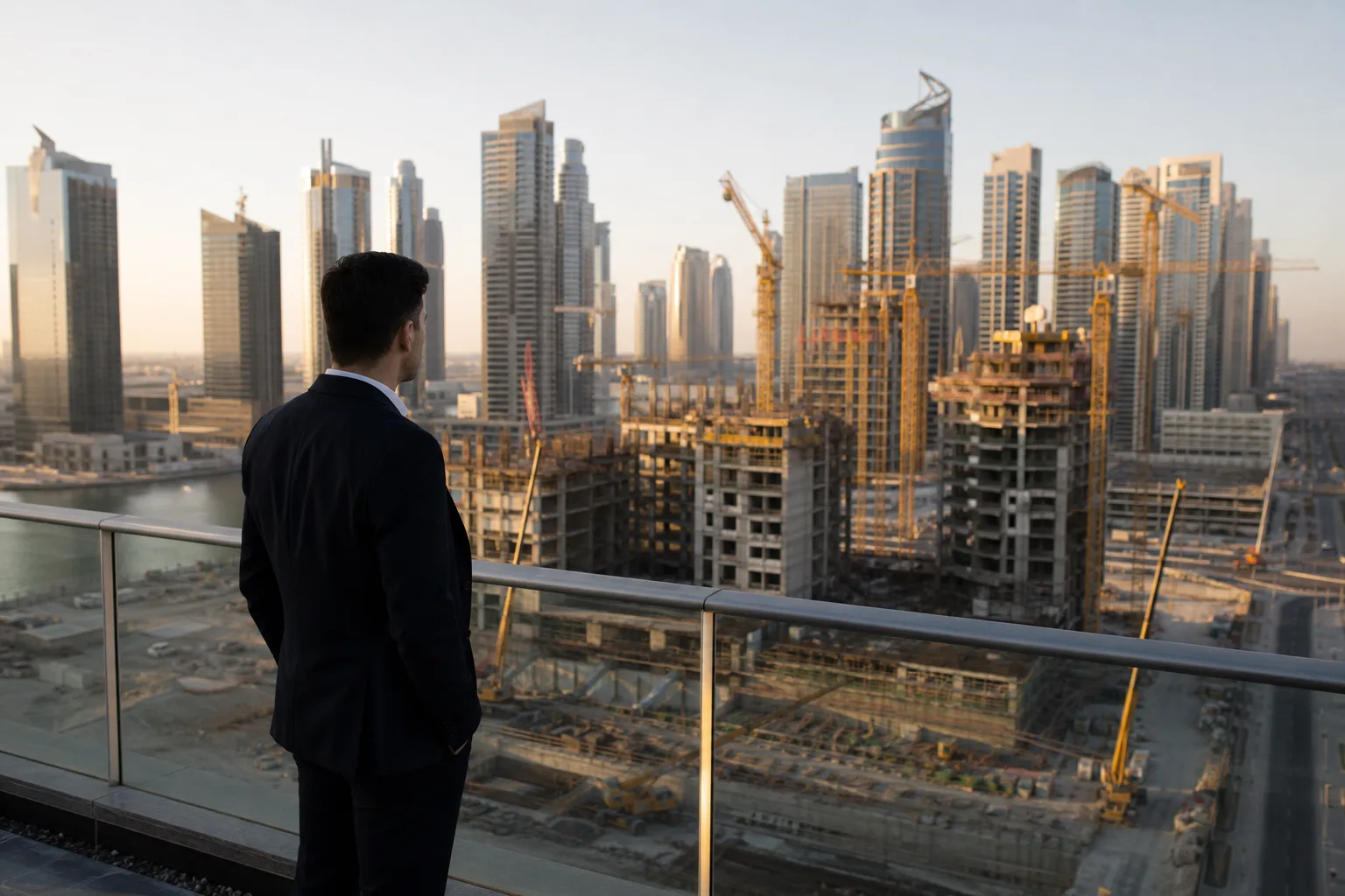 Investisseur pensif observant depuis une terrasse en hauteur un ensemble de tours en construction dans le quartier de Dubaï