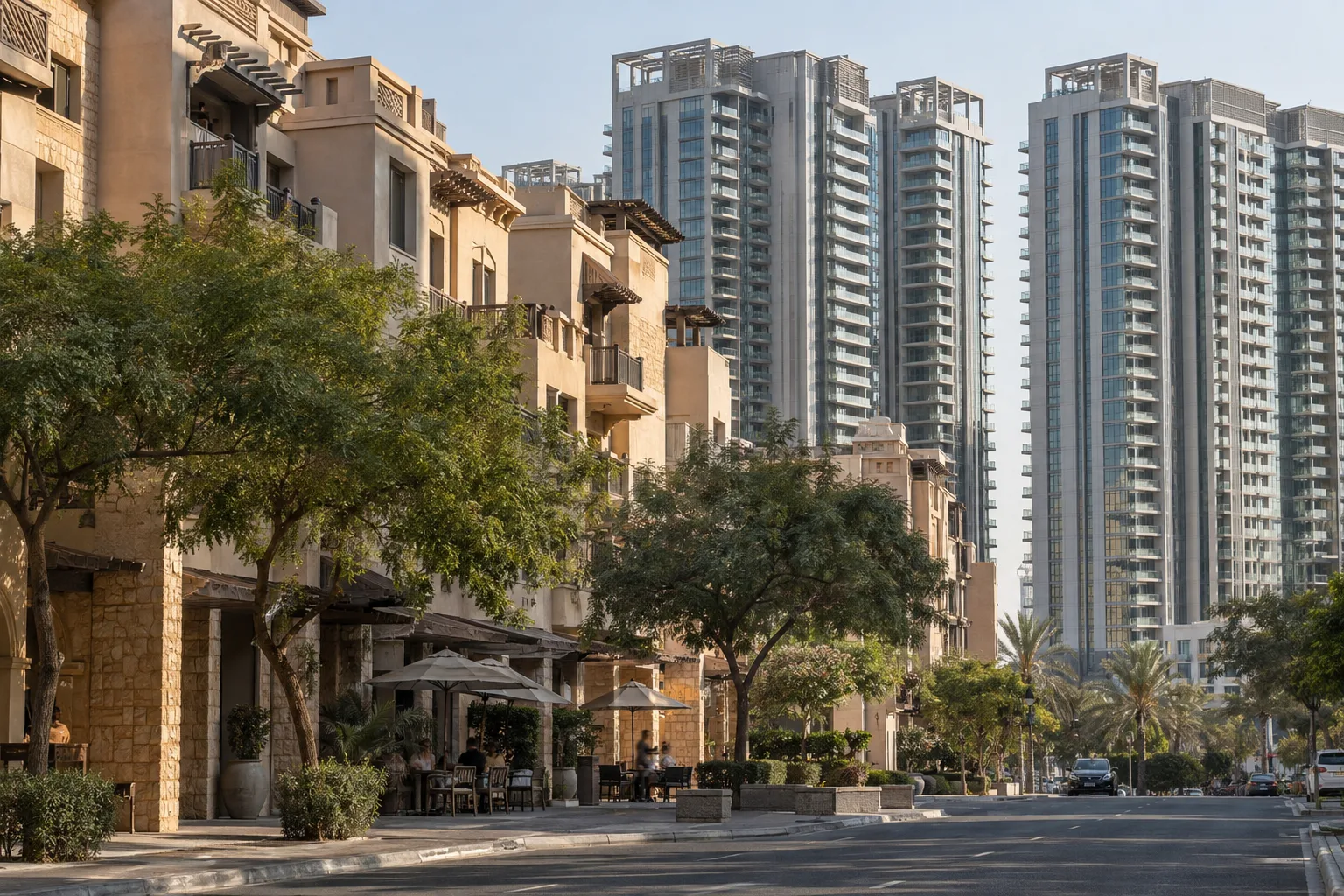 Tree-lined residential street in an established Dubai neighborhood, with a cluster of new towers with still-empty balconies in the background