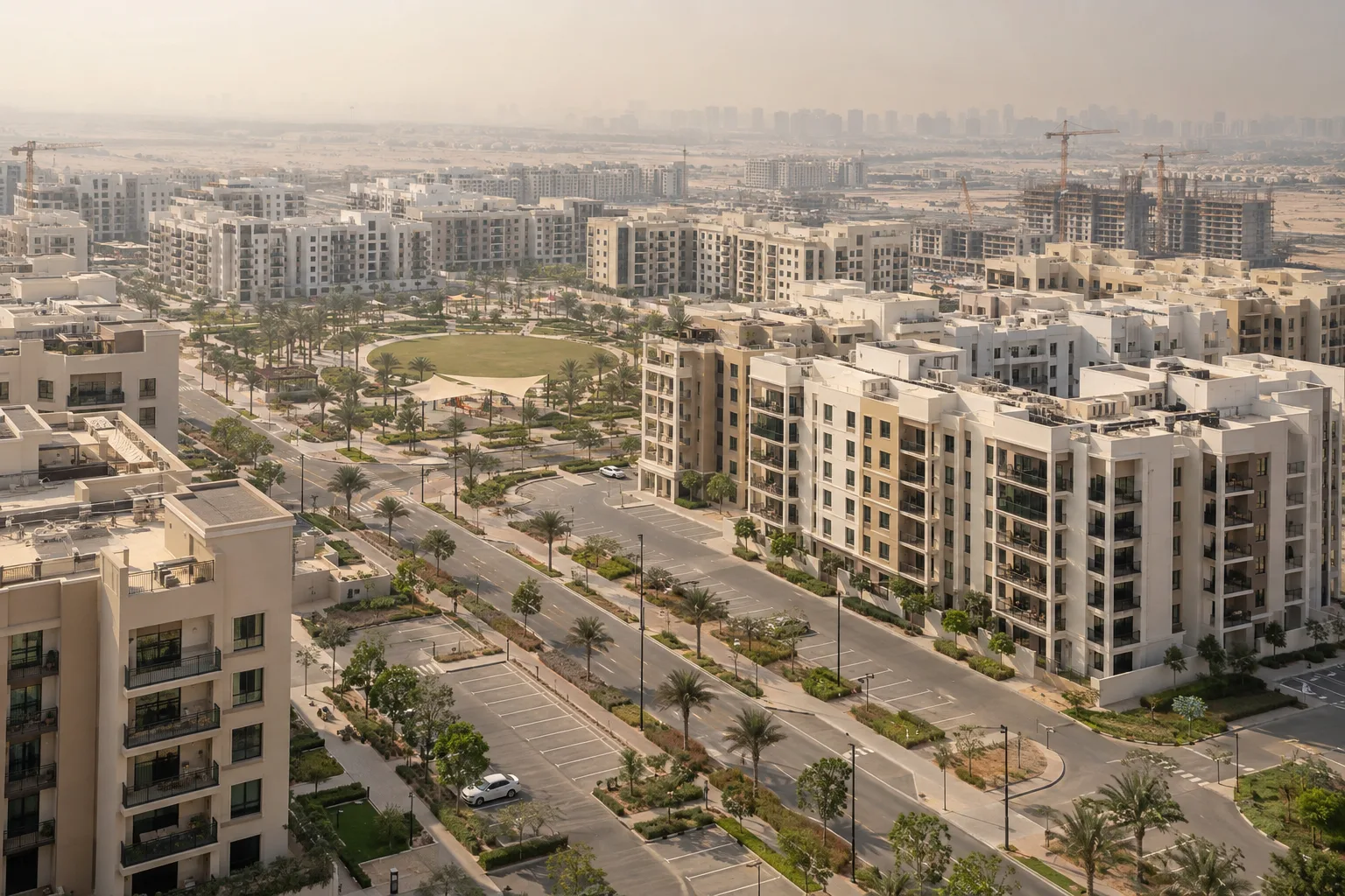 Oblique aerial view of new and older apartment buildings side by side in Town Square, with a few cranes, amid a haze of dust