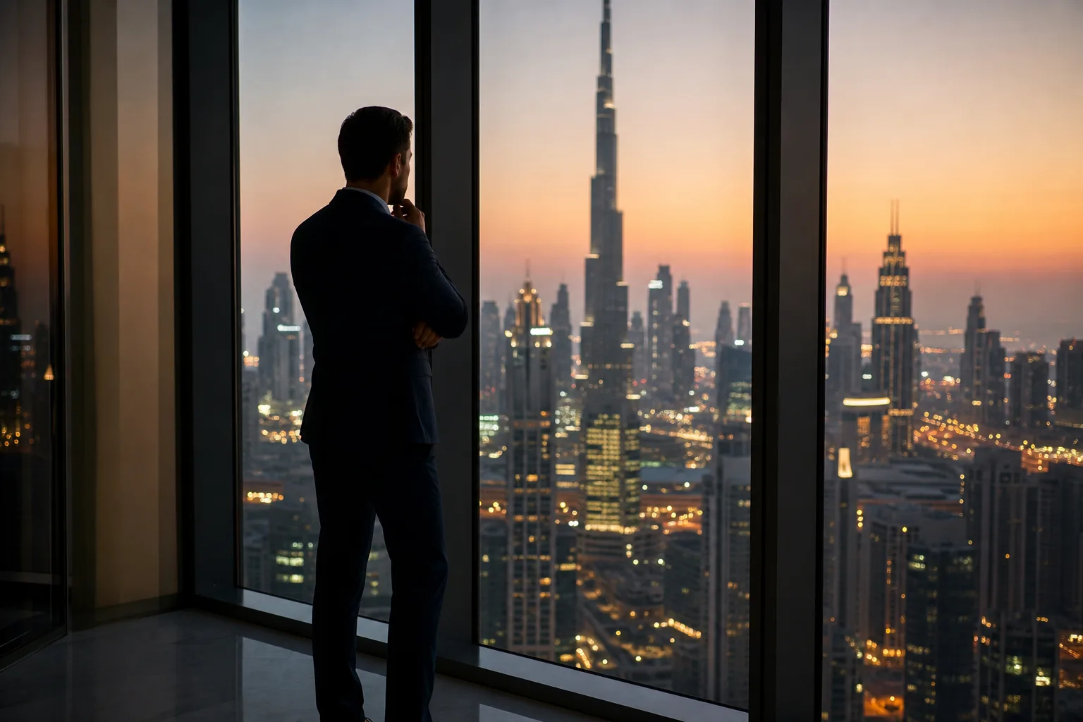Homme d'affaires réfléchissant seul devant une baie vitrée surplombant les gratte-ciel de Dubaï