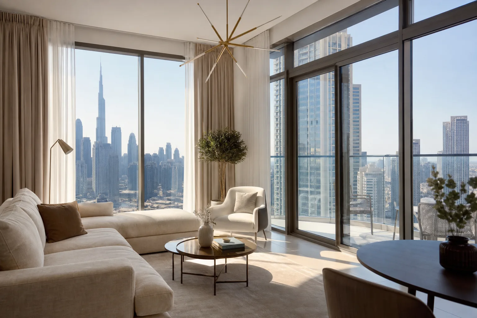 Bright living room of a furnished, rent-ready apartment with floor-to-ceiling windows overlooking the city
