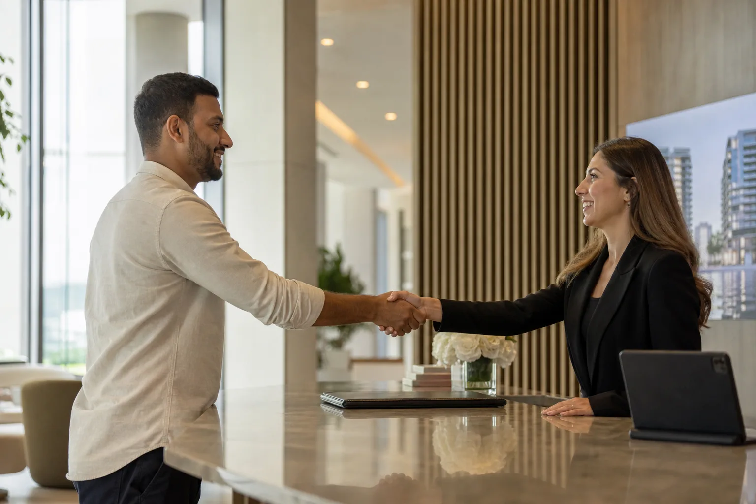 Apretón de manos entre un comprador y un asesor en el mostrador de recepción de un promotor inmobiliario moderno