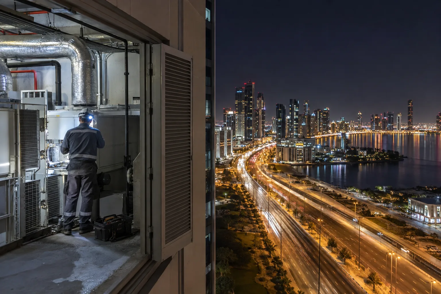 Technician seen from behind servicing air conditioning in the plant room of a residential tower at night