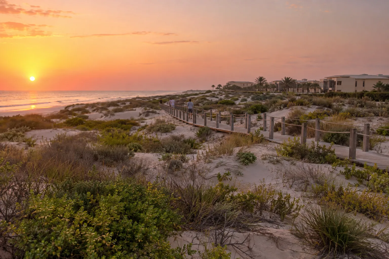 Dunes and beach vegetation at sunrise on Saadiyat Island, low-rise residences set back behind a wooden boardwalk