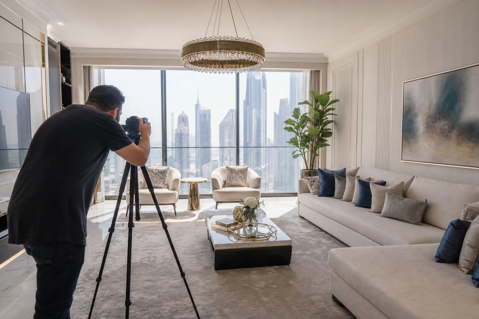 Professional photo shoot of a luxurious living room staged for the sale of a Dubai apartment