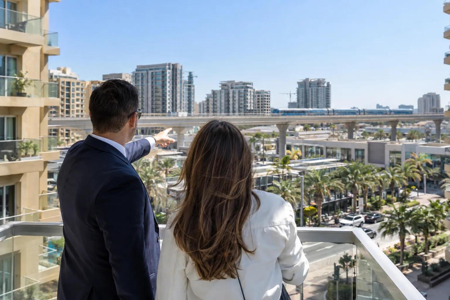 Advisor and investor seen from behind on a new balcony, pointing at a metro viaduct and shops below