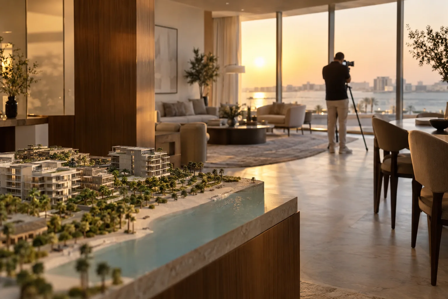 Photographer seen from behind setting up shots of a freshly furnished living room in a new Saadiyat apartment