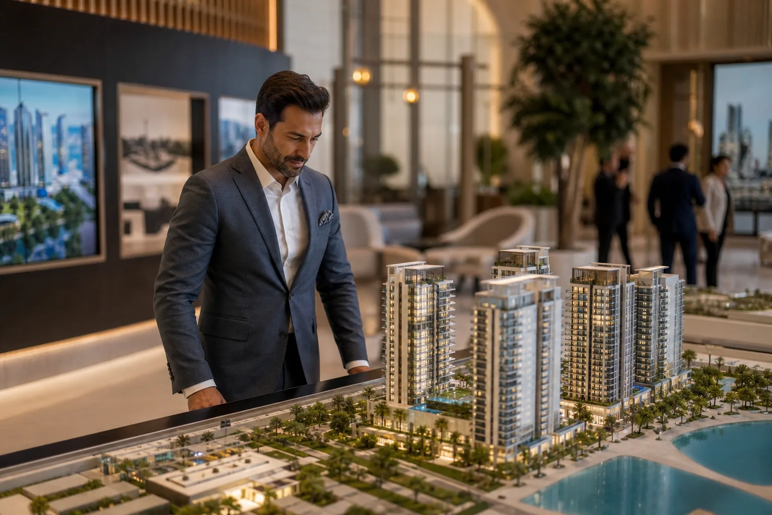 Investisseur consultant une maquette de résidence neuve dans un showroom immobilier haut de gamme à Dubaï