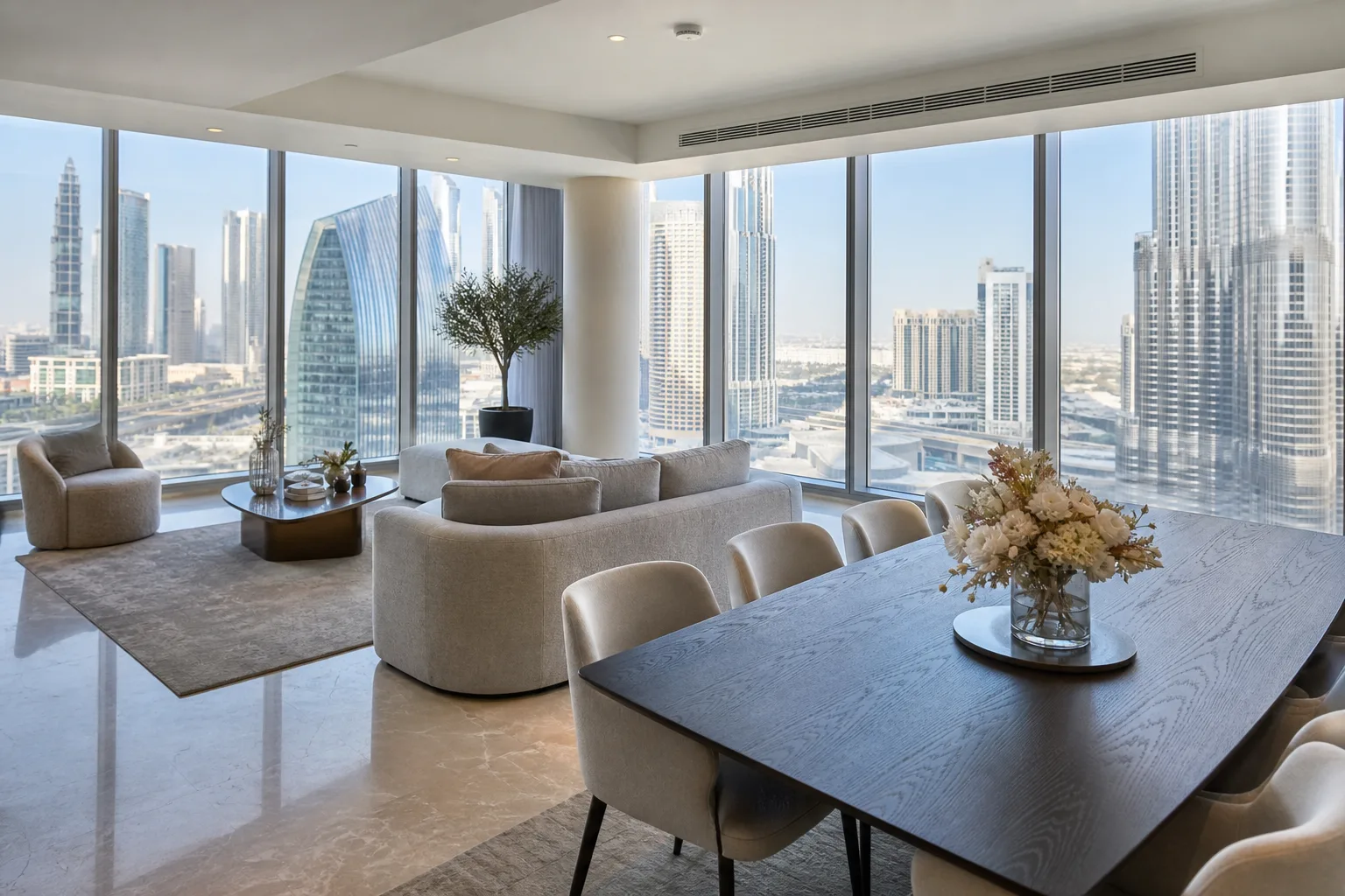 Intérieur lumineux d'un appartement de standing en revente à Dubaï avec baies vitrées ouvrant sur la ville