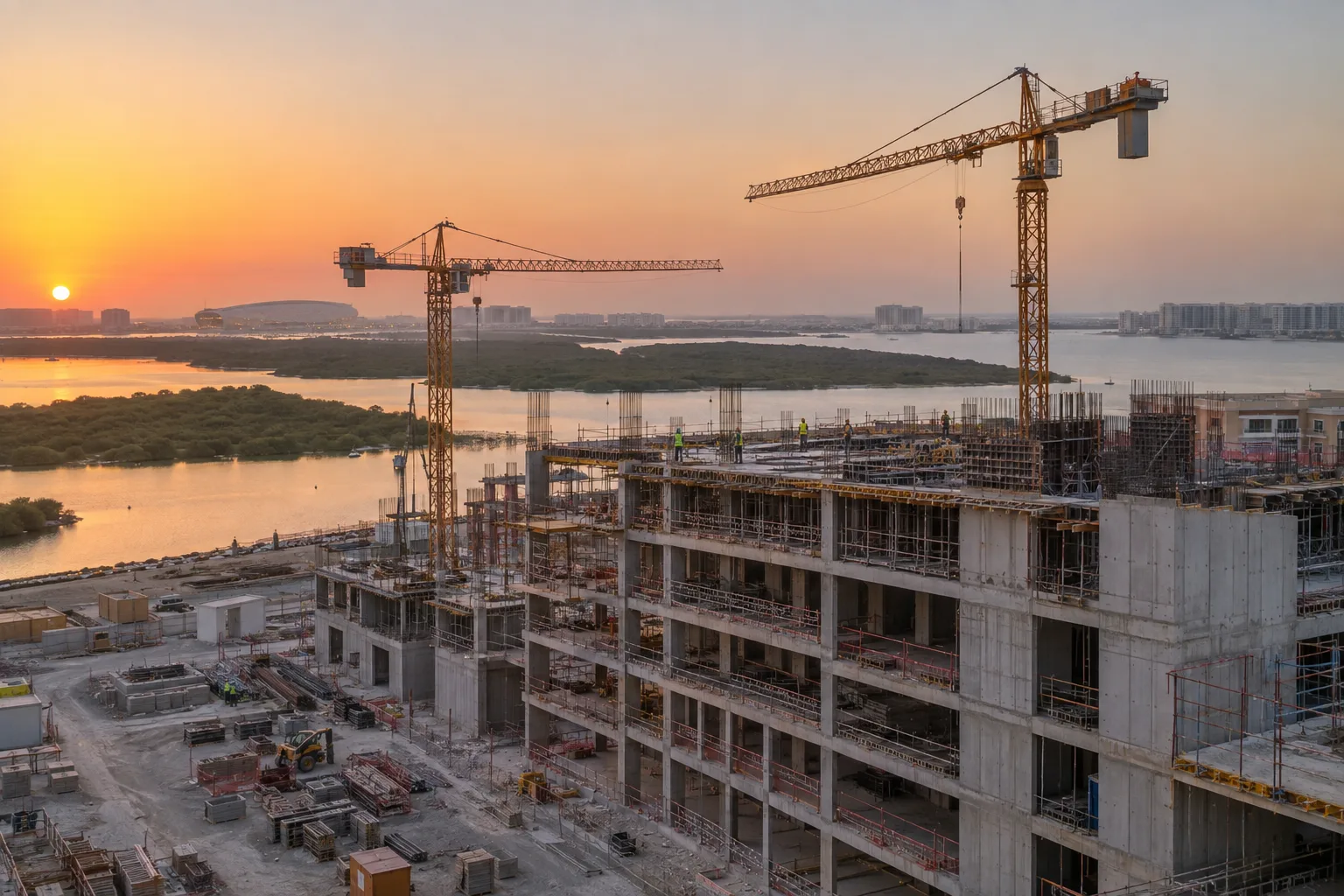Construction site of a mid-rise residential project on Yas at sunrise, cranes and workers in the distance