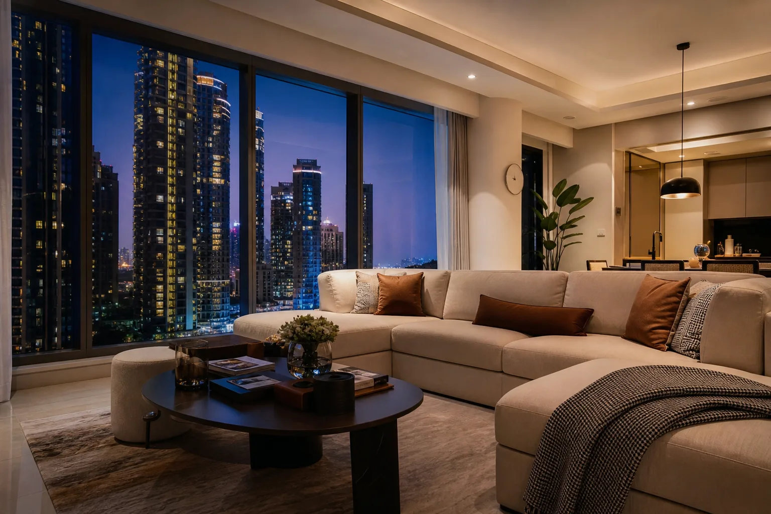 Salon élégant d'un appartement en location meublé avec vue sur les tours de Dubaï, canapé design et lumière chaleureuse du soir