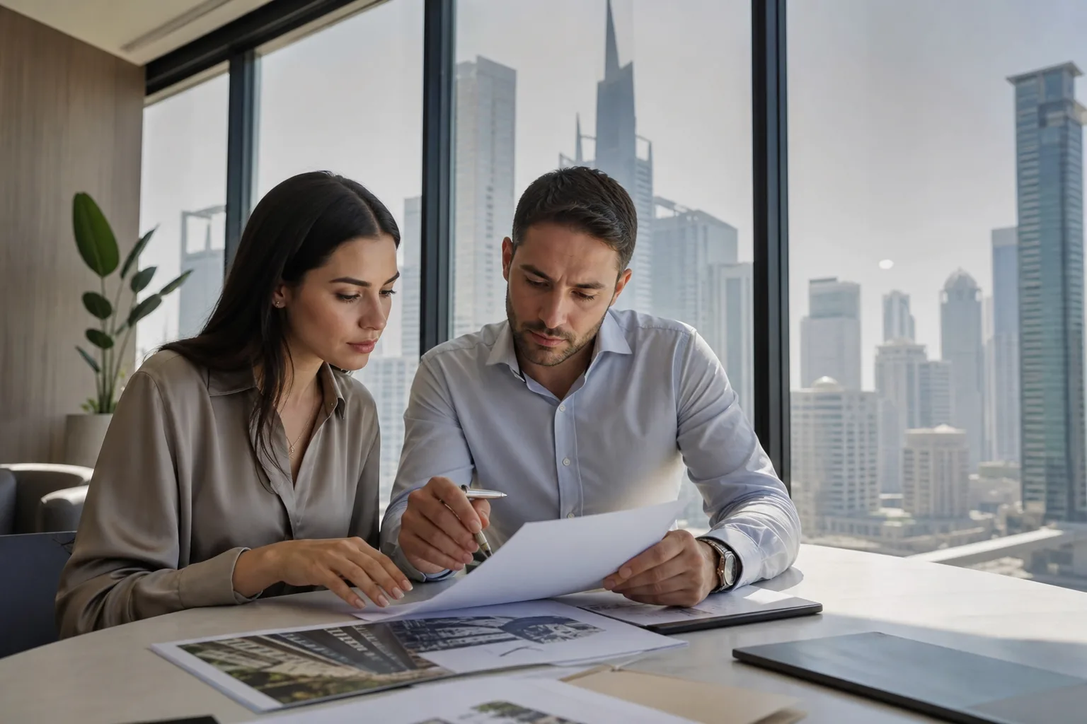 Couple reviewing documents at a table in a bright office overlooking the Dubai towers