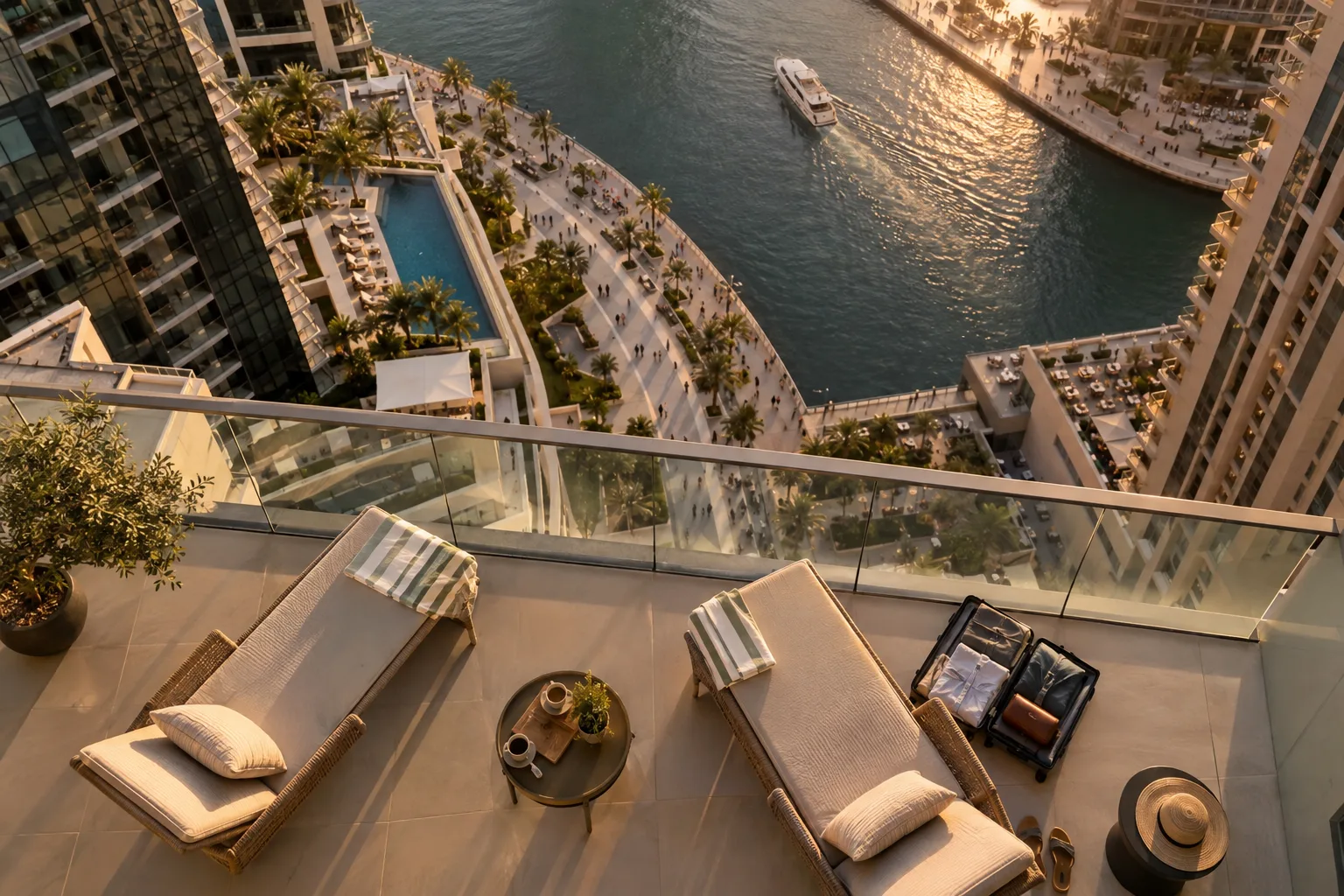 Overhead view of the balcony of a furnished short-term rental apartment in Business Bay, above the canal
