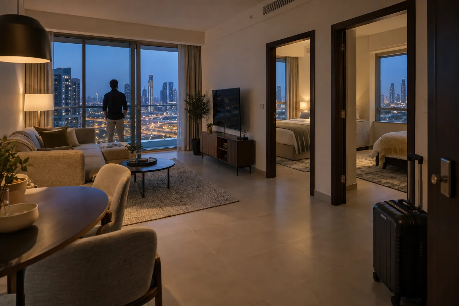 Furnished living room of a two-bedroom apartment, tenant seen from behind at the window during the blue hour
